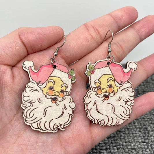 Christmas Pink Santa Claus Wooden Dangle Earrings