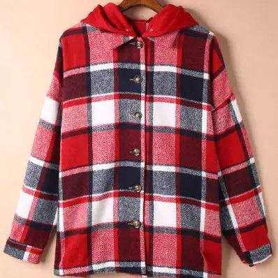 Hooded Plaid Button Front Shacket