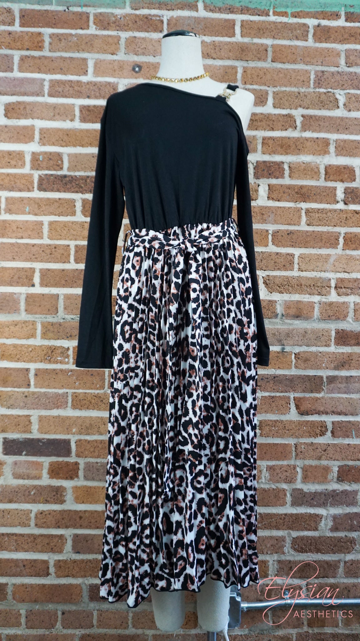 Black Belted Leopard Shoulder Dress