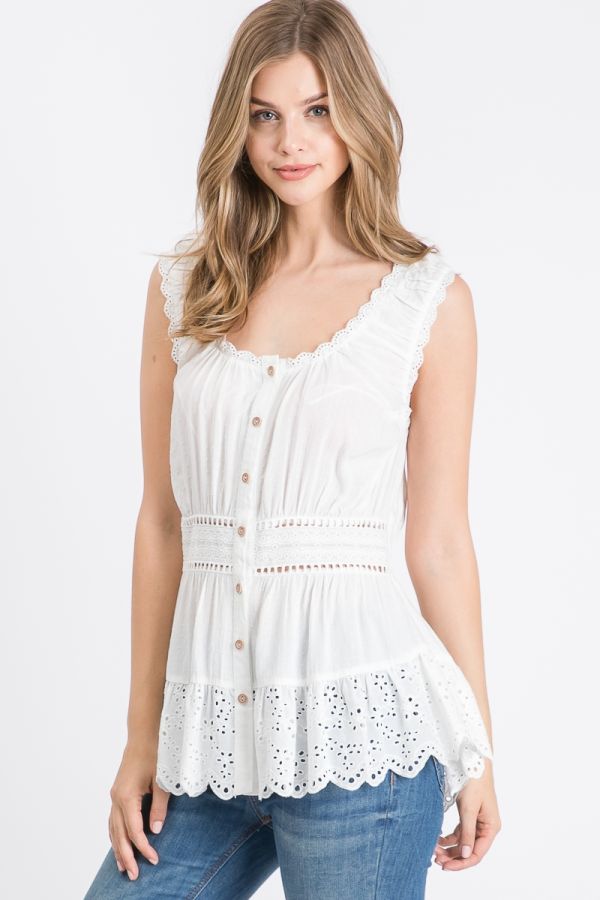 Sleeveless Button Down Eyelet Top A