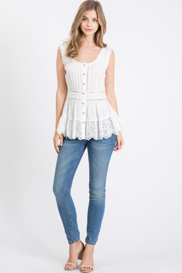 Sleeveless Button Down Eyelet Top A