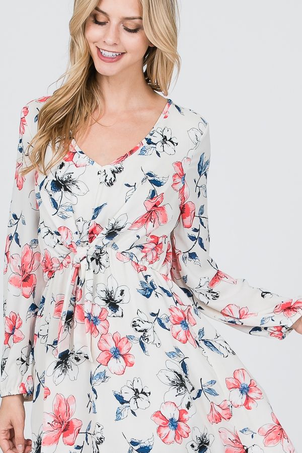 Front Tie Floral Long Sleeve Dress