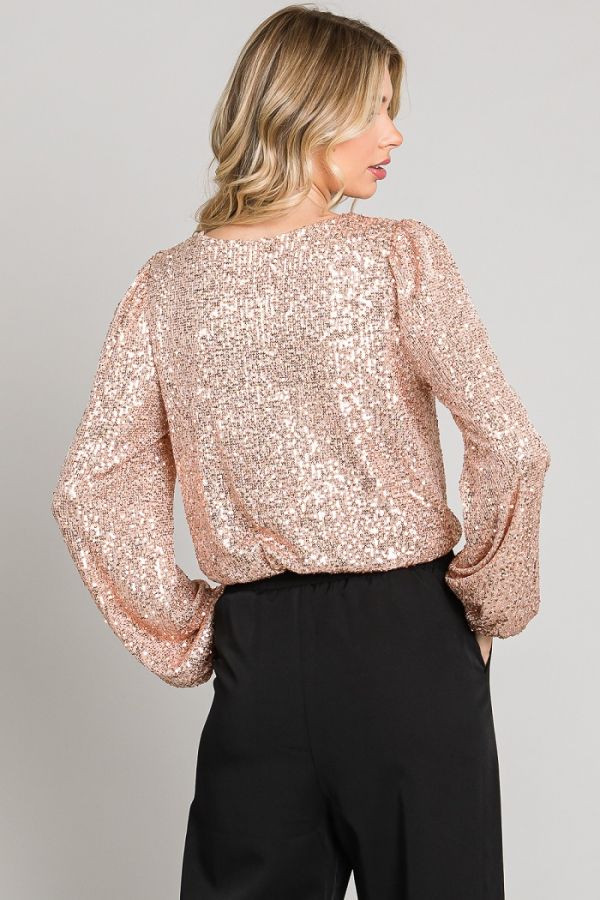 V-Neck Rose Gold Sequin Bodysuit